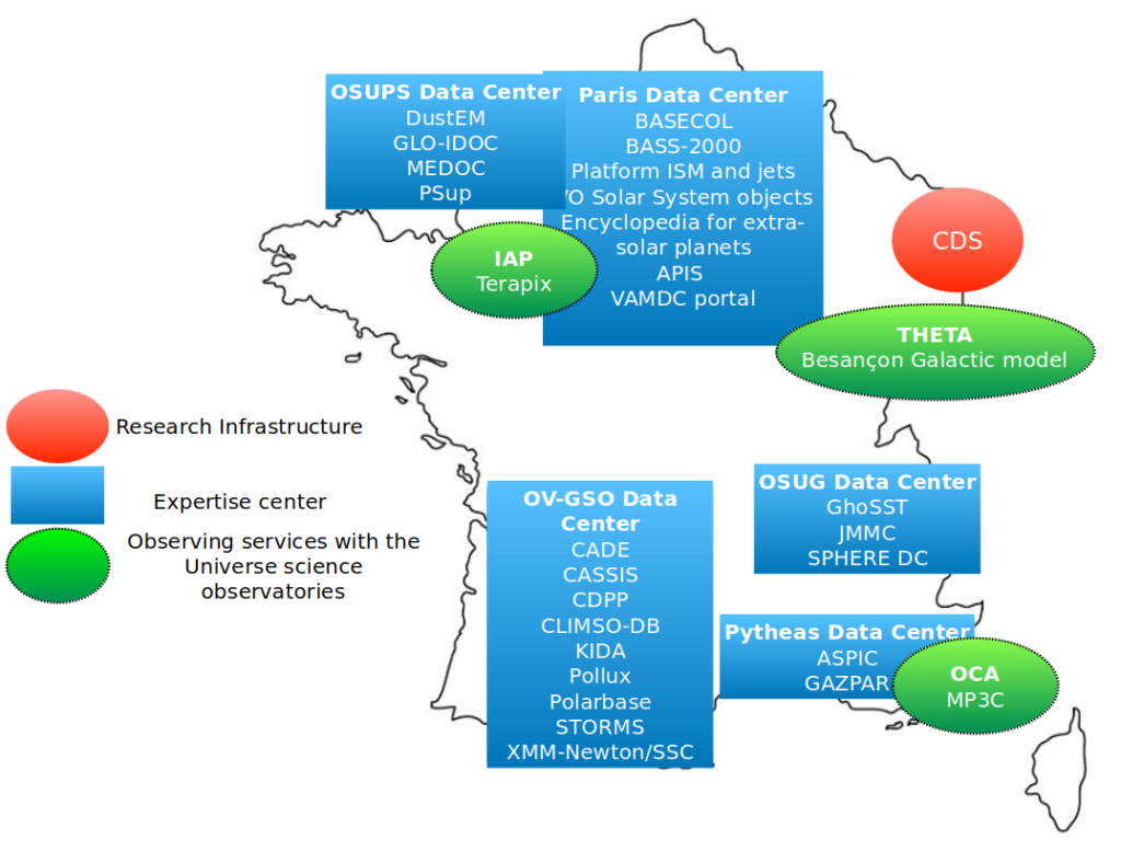 Map of the many data centers for the analysis, archiving and diffusion
of astrophysical data in France. OV-GSO covers the whole south-west area